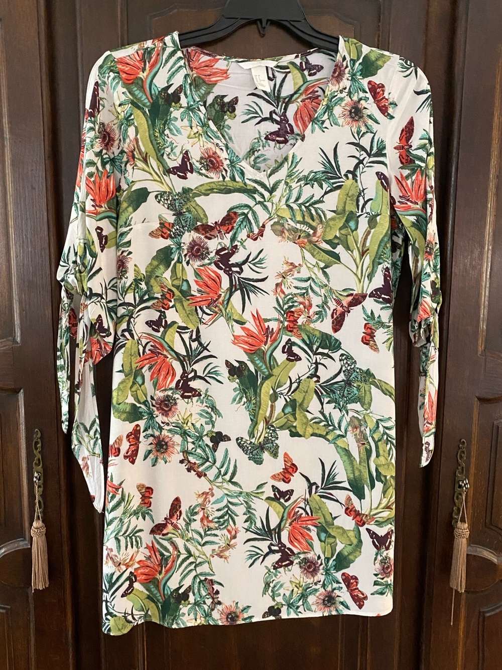 Tropical moth & butterfly print mini dress w tie sleeves size 8 bust apx 20